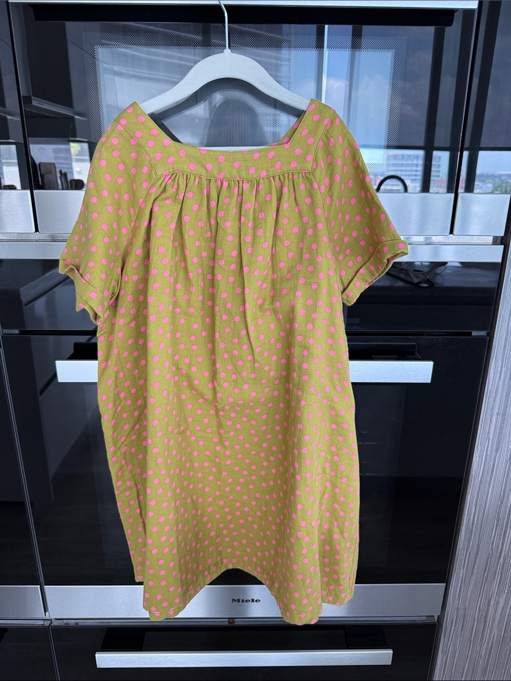Bonton Yellow-Green Dress with Pink Polka Dots